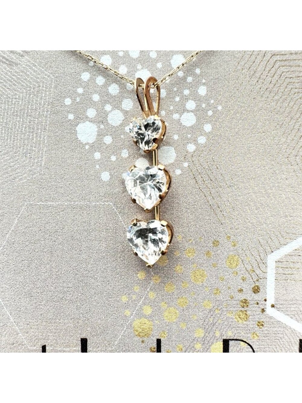 Womens 10K Yellow Gold Necklace Triple CZ Heart Pendant 16 Inch Estate